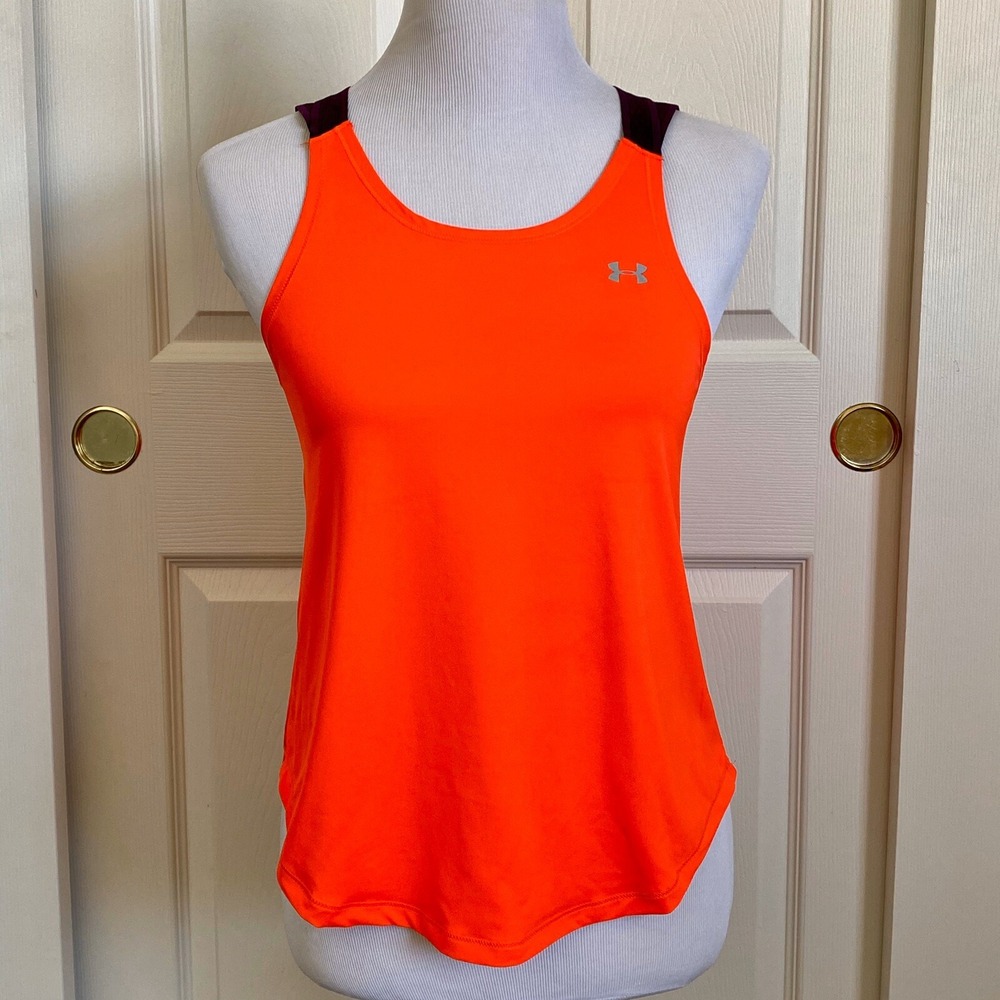 Under Armour HeatGear Neon Orange Crossback Tank Workout‎ Gym Athletic Run Sz XS